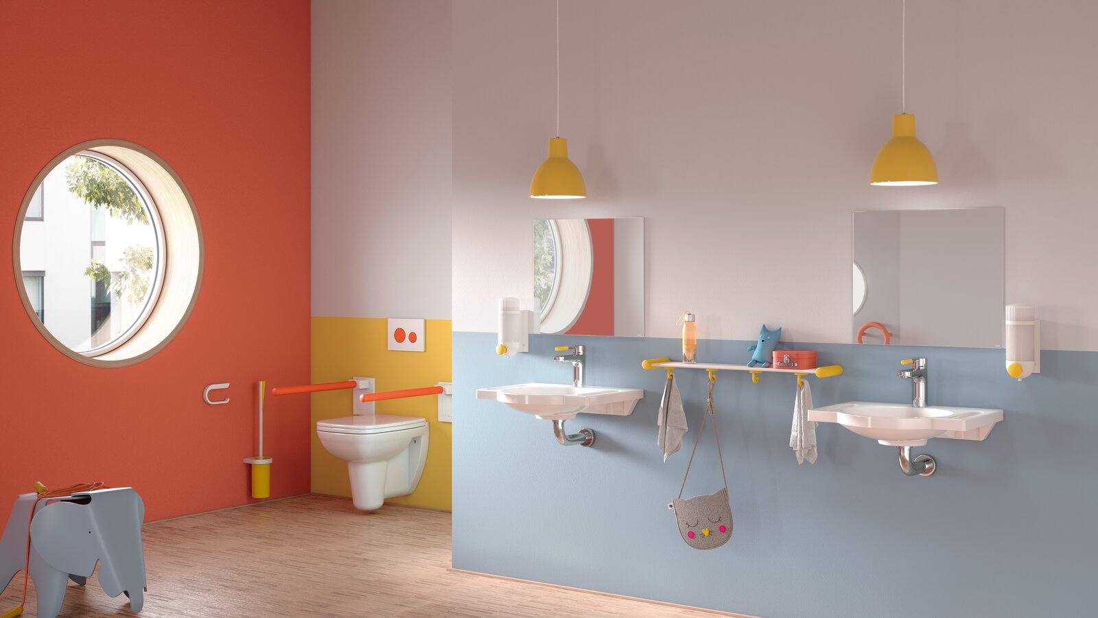Kindergarten Bad mit farbenfroher, kindgerechter Sanitäraustattung der Serie 477/801
