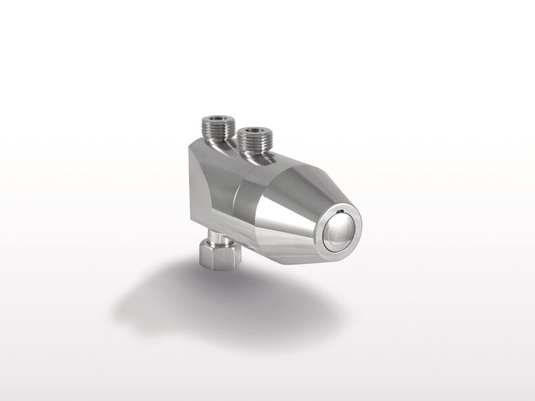 HEWI Fittings AQ Mini Thermostat Chrome-plated sensor fitting with two connection threads against a white background