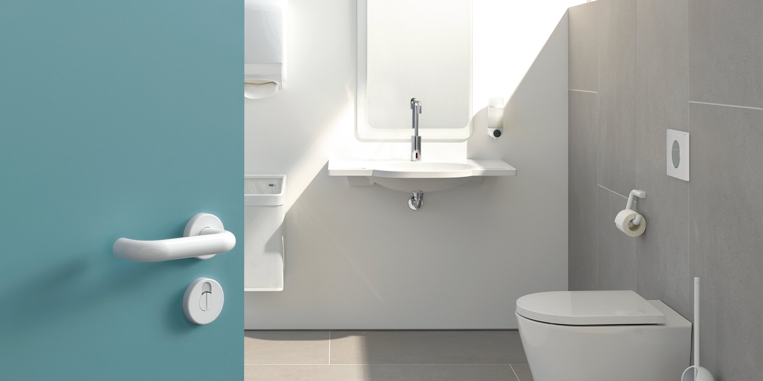 A white door handle with a round rose, fitted to a blue door at the bathroom entrance, with a white wall and grey tiles in the background