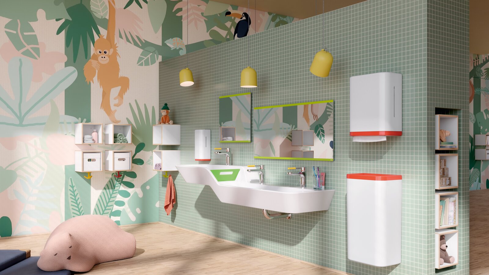 Double washbasin with taps and two rectangular mirrors on a section of wall tiled in green in the children’s bathroom