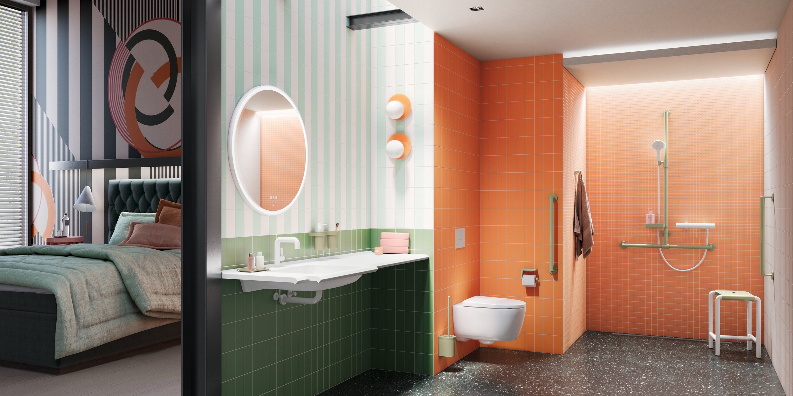 Bathroom open to an adjoining bedroom, with a washbasin, toilet, shower area and green fittings against orange tiles