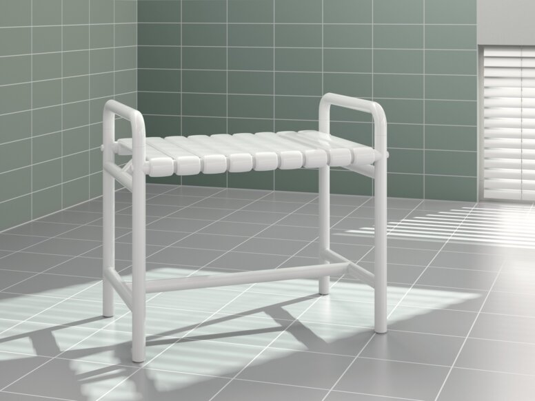 HEWI Range 801 Shower Bench for People with Obesity A bench with two white synthetic material armrests against a light green tiled wall