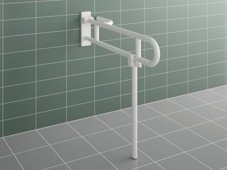 HEWI Range 801 Hinged Support Rail for People with Obesity White, hinged synthetic material support handle with an additional support at floor level, set against green floor and wall tiles