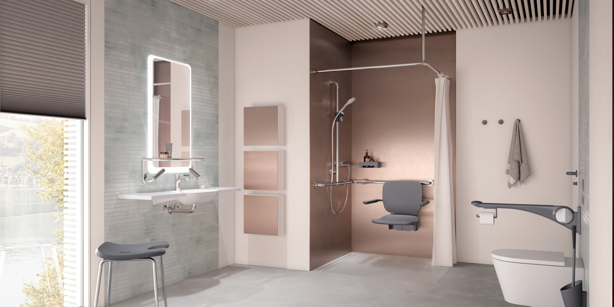 A shower seat with a backrest in the shower area, as well as a WC in the bathroom fitted with a hinged support rail and a washbasin with a stool