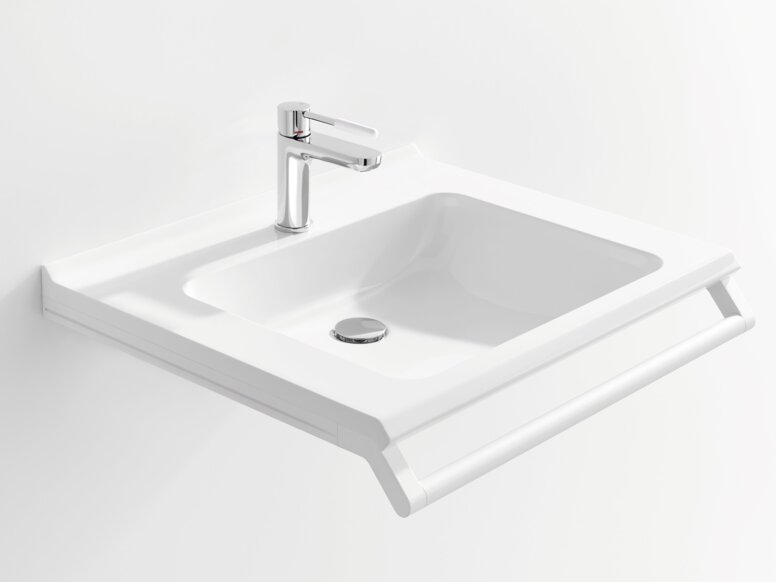 HEWI washbasin White washbasin with a rectangular bowl, a chrome-plated tap and a support rail along the front edge