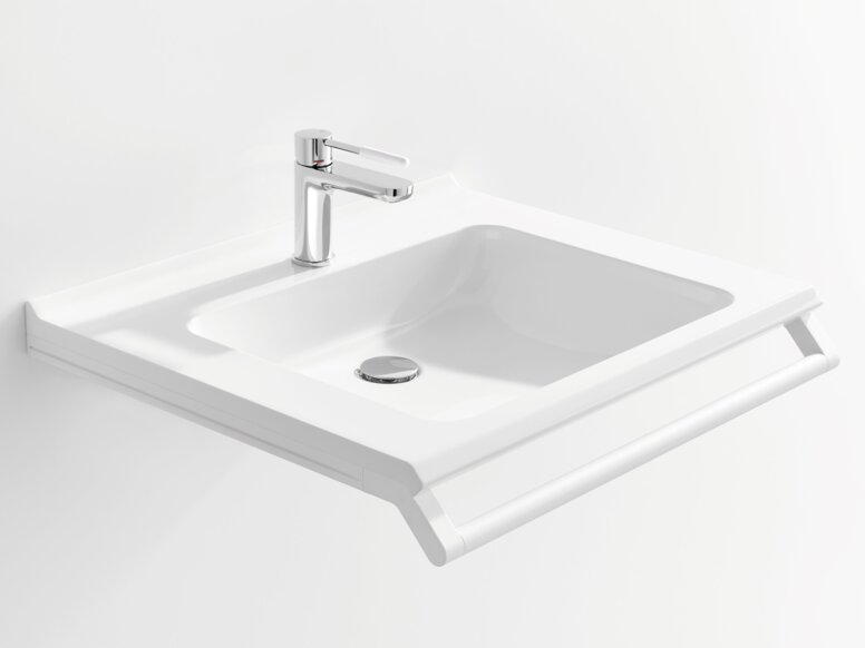 HEWI washbasin White washbasin with a rectangular bowl, a chrome-plated tap and a support rail along the front edge