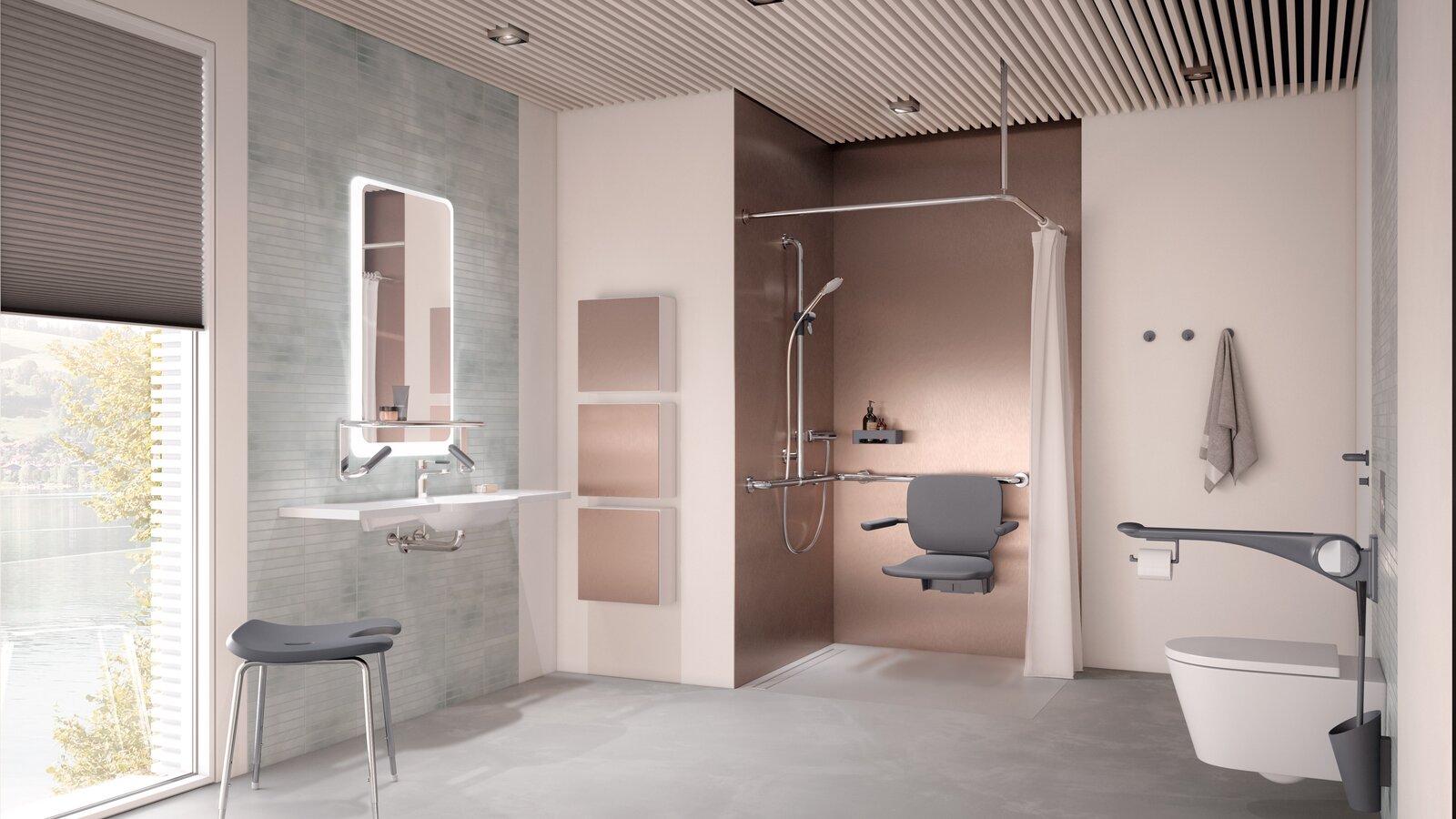 Barrierefreies Pflegebad mit Waschplatz, Duschbereich und WC ausgestattet mit HEWI LiftSystem in Anthrazit matt