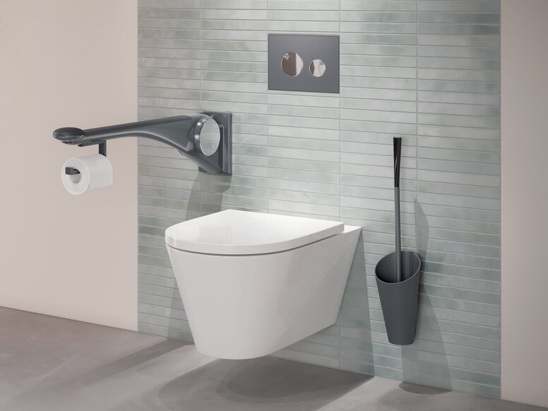 WC ausgestattet mit Stützklappgriff LifeSystem und WC-Bürste in Anthrazit matt